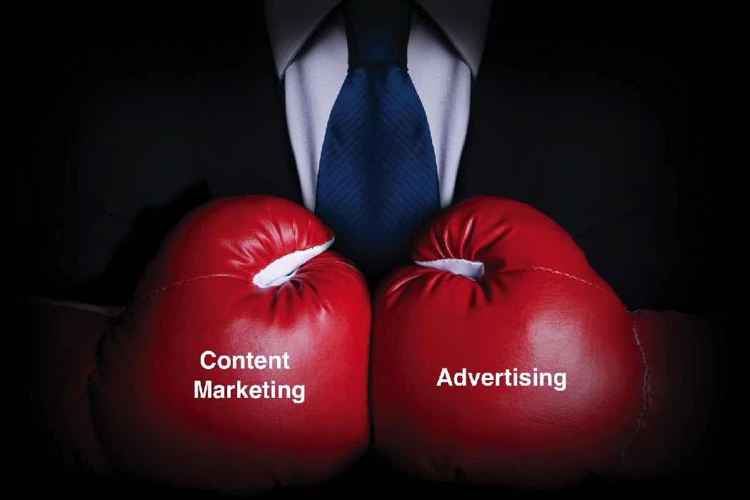 Content marketing vs advertising ads boxing gloves